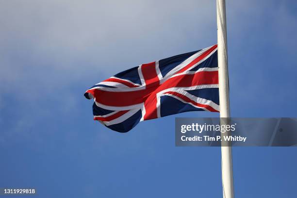 The Union Flag fly's at half mast on April 10, 2021 in London, United Kingdom. The Queen announced the death of her beloved husband, His Royal...