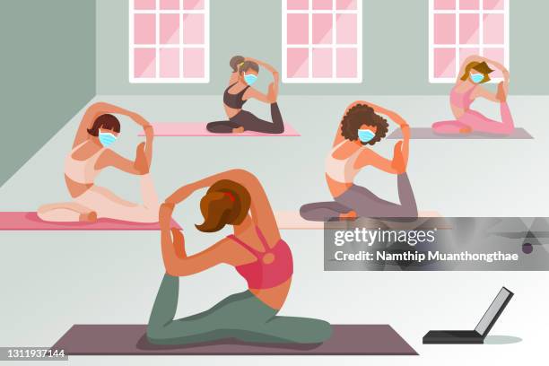 yoga classroom concept illustration shows a woman trainer is educating yoga to women in her class and online class, all trainees wearing a facial mask and keeping social distancing for new normal live. - yoga illustration ストックフォトと画像