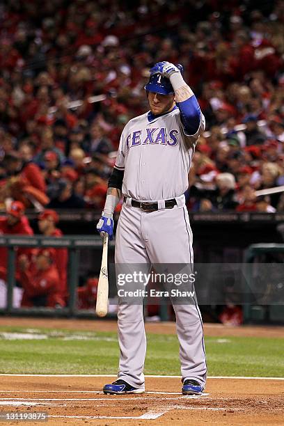 Josh Hamilton of the Texas Rangers stands in the batters box during Game Six of the MLB World Series against the St. Louis Cardinals at Busch Stadium...