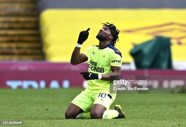 Allan Saint-Maximin of Newcastle United celebrates victory after the Premier League match between Burnley and Newcastle United at Turf Moor on April...