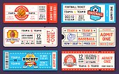 Sport tickets. Baseball, american football, soccer, hockey and basketball game ticket templates. Match invite coupons with logo vector set
