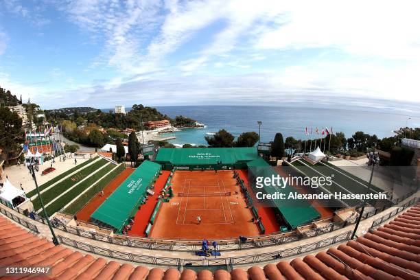 General view of the Centre Court Court Rainier III with the Monte Carlo Beach in the Background during the 1st round match between Jordan Thompson of...