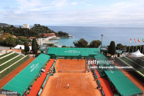 General view of the Centre Court Court Rainier III with the Monte Carlo Beach in the Background during the 1st round match between Jordan Thompson of...