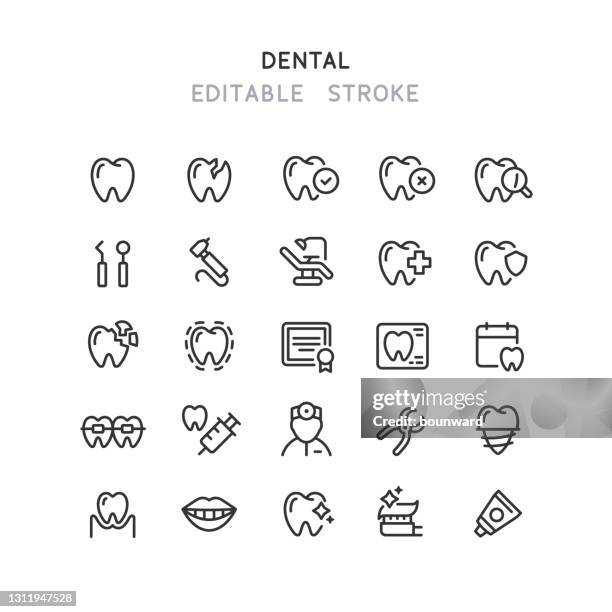 illustrazioni stock, clip art, cartoni animati e icone di tendenza di icone linea dentale tratto modificabile - dentistry