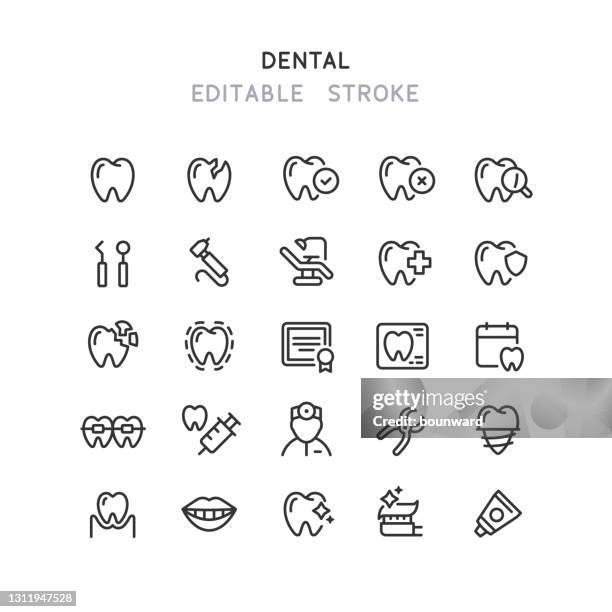 ilustrações, clipart, desenhos animados e ícones de ícones da linha dentária traçado editável - aparelho ortodôntico