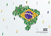 Brazil Map and Flag. A large group of people in Brazilian flag color form to create the map. Vector Illustration.