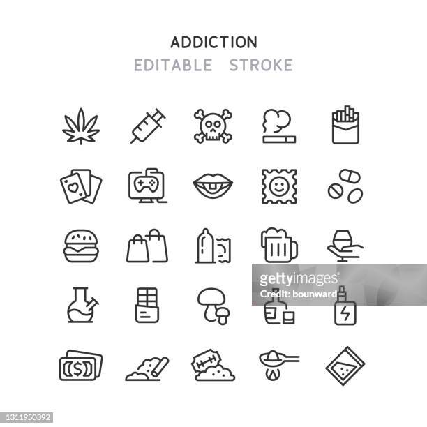 suchtlinie icons editierbarer strich - cannabis medicinal stock-grafiken, -clipart, -cartoons und -symbole