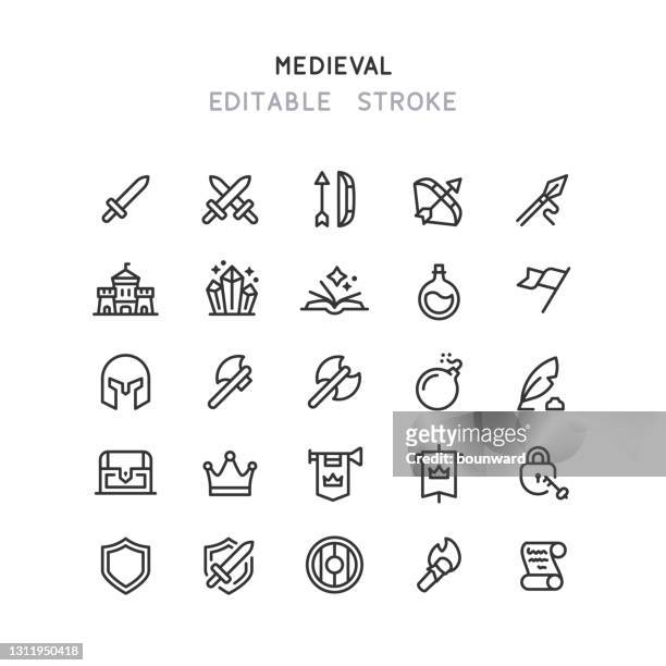 ilustraciones, imágenes clip art, dibujos animados e iconos de stock de iconos de línea medieval trazo editable - bow and arrow