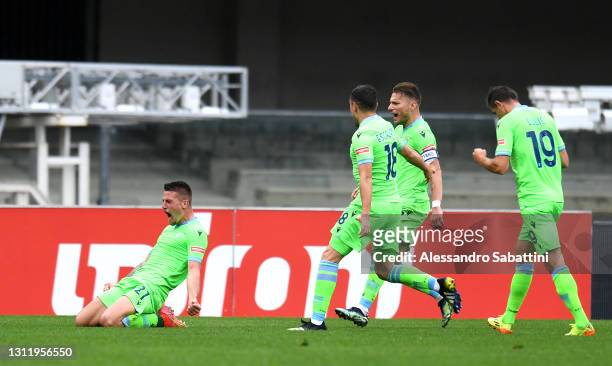 Sergej Milinkovic-Savic of S.S. Lazio celebrates after scoring their side's first goal during the Serie A match between Hellas Verona FC and SS Lazio...