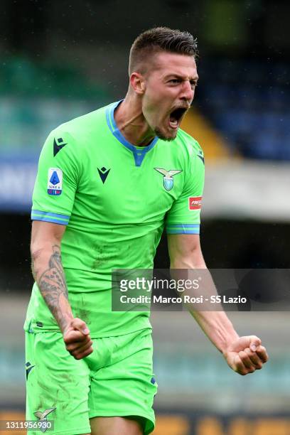 Sergej Milinkovic Savic of SS Lazio celebrates scoring the opening goal during the Serie A match between Hellas Verona FC and SS Lazio at Stadio...