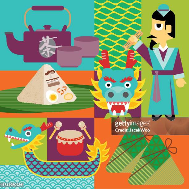 drachenboot festival icons - chinese festival stock-grafiken, -clipart, -cartoons und -symbole