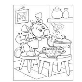 coloring book, dog character cooking soup in the kitchen, isolated object on white background, vector illustration, cartoon illustration,