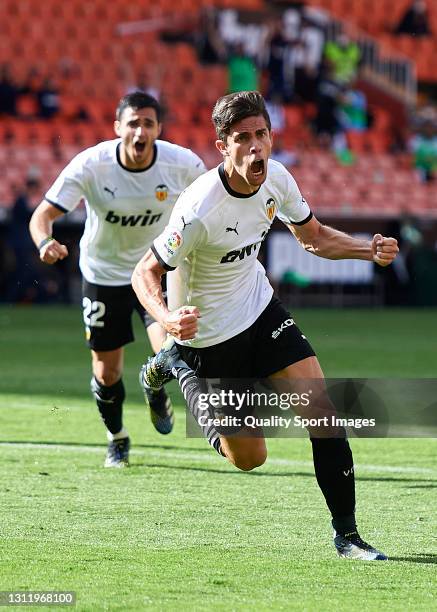 Gabriel Paulista of Valencia CF celebrates after scoring his team's second goal during the La Liga Santander match between Valencia CF and Real...