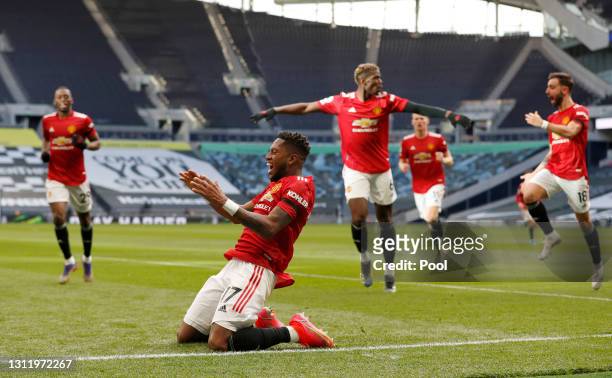 Fred of Manchester United celebrates after scoring their team's first goal during the Premier League match between Tottenham Hotspur and Manchester...