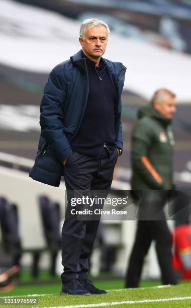 Jose Mourinho, Manager of Tottenham Hotspur reacts during the Premier League match between Tottenham Hotspur and Manchester United at Tottenham...