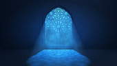 Moon light shine through the window into islamic mosque interior. Ramadan Kareem islamic background. 3d render illustration