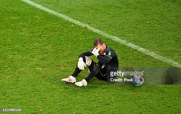 Timo Horn of 1. FC Koeln looks dejected after the Bundesliga match between 1. FC Koeln and 1. FSV Mainz 05 at RheinEnergieStadion on April 11, 2021...