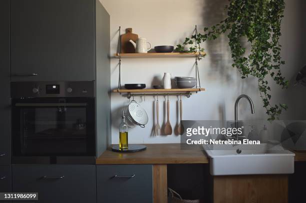 the loft-style kitchen is decorated in dark colors. white ceramic sink. a flower with hanging branches. built-in oven. shelves with dishes. ecostyle - kitchen wall stock-fotos und bilder
