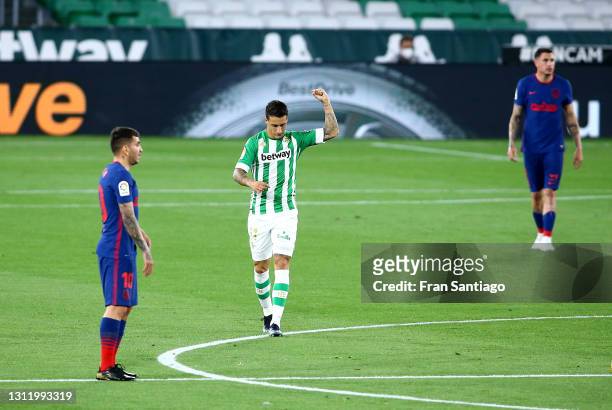 Cristian Tello of Real Betis celebrates after scoring their side's first goal during the La Liga Santander match between Real Betis and Atletico de...