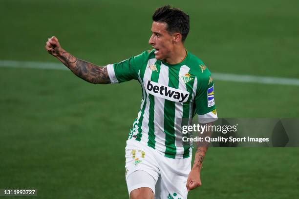 Cristian Tello of Real Betis celebrates after scoring his team's first goal during the La Liga Santander match between Real Betis and Atletico de...