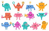 Abstract characters. Geometric comic creature emotions. Funny face business team avatar with magnifier, light bulb and megafon, vector set
