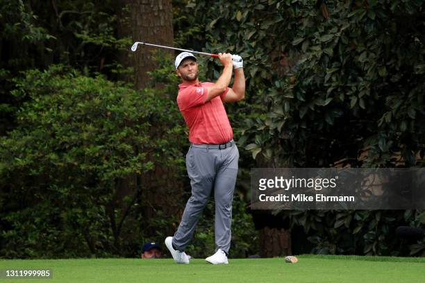 Jon Rahm of Spain plays his shot from the 16th tee during the final round of the Masters at Augusta National Golf Club on April 11, 2021 in Augusta,...