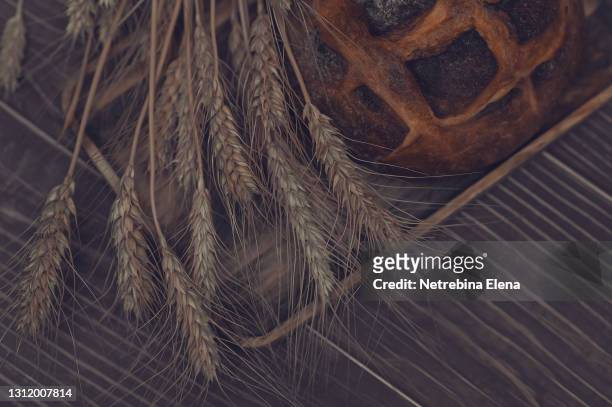 a loaf of fresh bread on a wooden background with ears of wheat and rye. farm natural products. natural food. top view - rye grain stockfoto's en -beelden