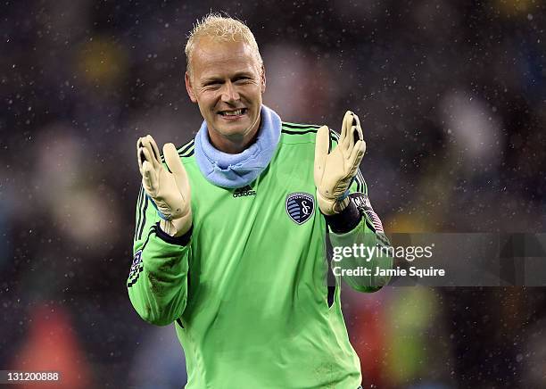 Goalkeeper Jimmy Nielson of Sporting Kansas City reacts during the MLS playoff game against the Colorado Rapids on November 2, 2011 at LiveStrong...