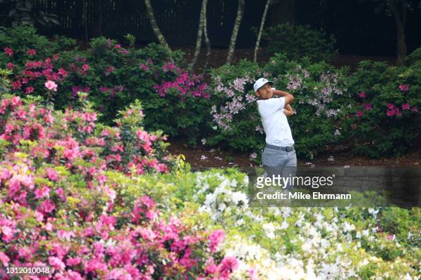 Xander Schauffele of the United States plays his shot from the 13th tee during the final round of the Masters at Augusta National Golf Club on April...