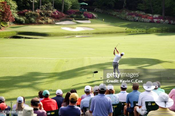 Xander Schauffele of the United States plays his shot from the 12th tee during the final round of the Masters at Augusta National Golf Club on April...