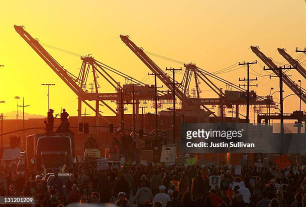 Thousands of rotestors march at the Port of Oakland during Occupy Oakland's general strike on November 2, 2011 in Oakland, California. Tens of...