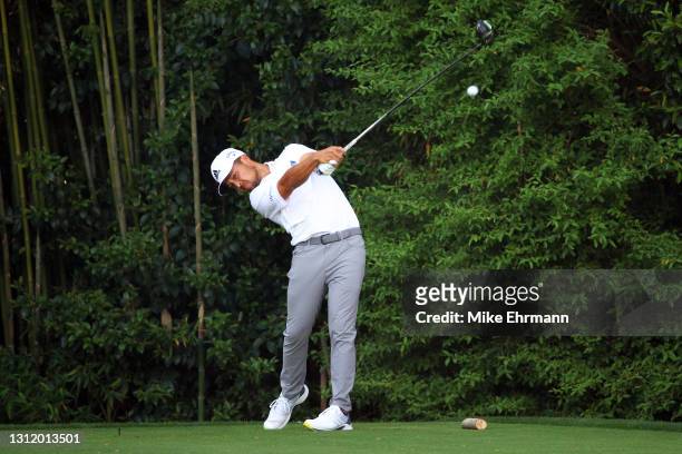 Xander Schauffele of the United States plays his shot from the 14th tee during the final round of the Masters at Augusta National Golf Club on April...