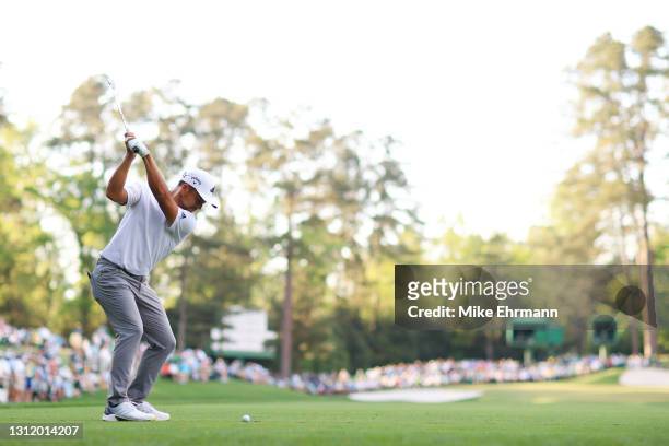 Xander Schauffele of the United States plays his shot from the 16th tee during the final round of the Masters at Augusta National Golf Club on April...