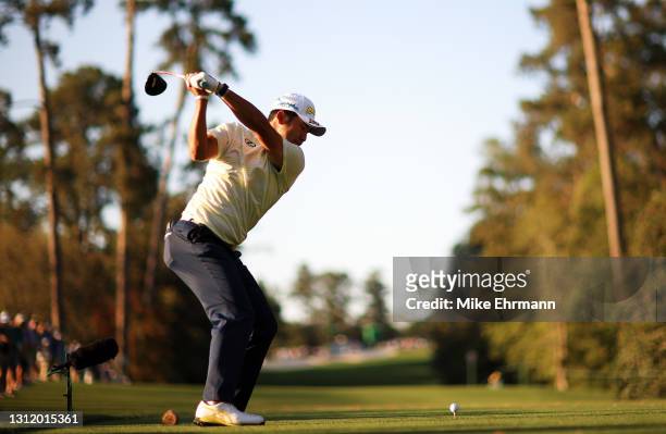 Hideki Matsuyama of Japan plays his shot from the 18th tee during the final round of the Masters at Augusta National Golf Club on April 11, 2021 in...