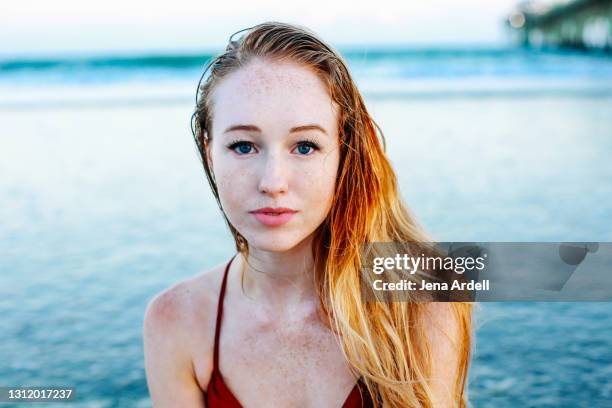 sea woman: natural beauty woman with freckles and pale complexion, real woman portrait - pale complexion stock-fotos und bilder