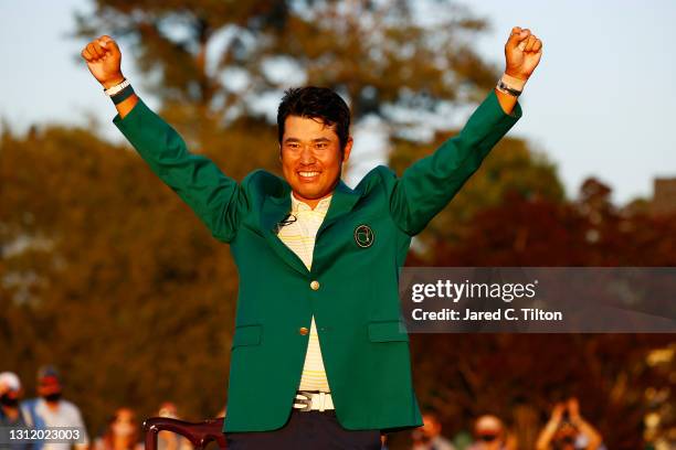 Hideki Matsuyama of Japan celebrates during the Green Jacket Ceremony after winning the Masters at Augusta National Golf Club on April 11, 2021 in...