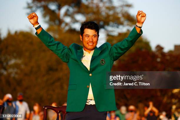Hideki Matsuyama of Japan celebrates during the Green Jacket Ceremony after winning the Masters at Augusta National Golf Club on April 11, 2021 in...