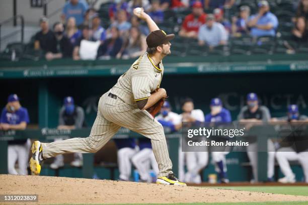 Drew Pomeranz of the San Diego Padres delivers against the Texas Rangers during the eighth inning at Globe Life Field on April 10, 2021 in Arlington,...