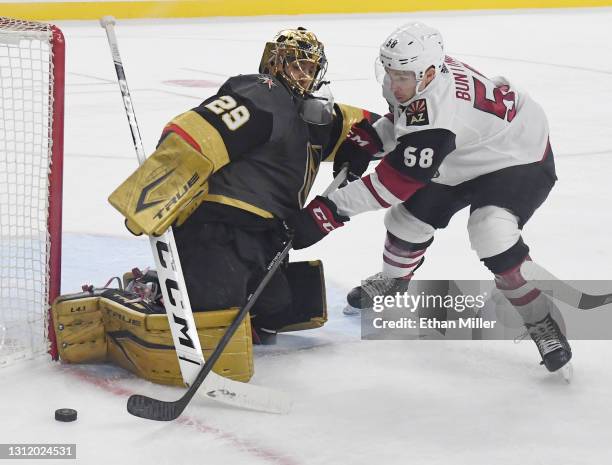 Marc-Andre Fleury of the Vegas Golden Knights blocks a shot by Michael Bunting of the Arizona Coyotes in the second period of their game at T-Mobile...