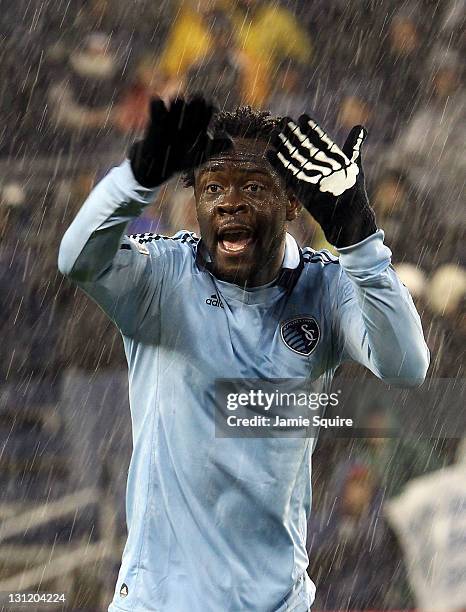 Kei Kamara of Sporting Kansas City indicates a hand ball during the game against the Colorado Rapids on November 2, 2011 at LiveStrong Sporting Park...