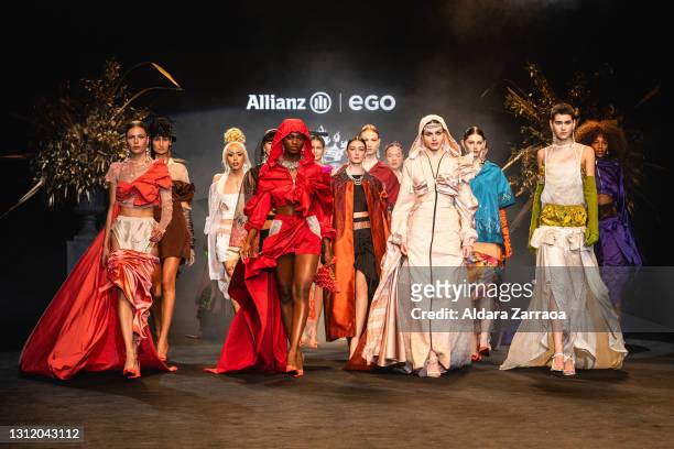 Models walk the runway at the Guillermo Décimo fashion show during Samsung EGO Mercedes Benz Fashion Week Madrid April 2021 at Ifema on April 11,...