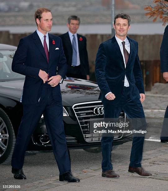 Prince William, Duke of Cambridge and Crown Prince Frederik of Denmark arrive for a visit to the UNICEF emergency supply centre on November 2, 2011...