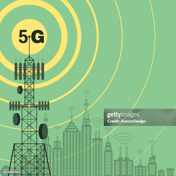 ilustraciones, imágenes clip art, dibujos animados e iconos de stock de diseño conceptual de tecnología de comunicación 5g. - transmisión