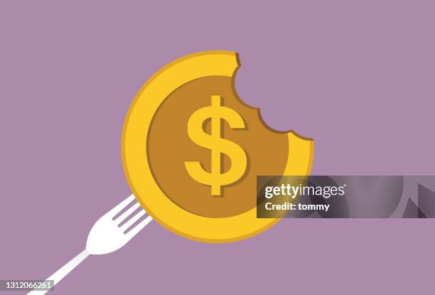 us dollar coin with a fork - bite coin stock illustrations