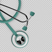 Stothoscope 3d render. Medical equipment. Diagnostics of heart and lung health. Health care banner concept. Vector isolated on transparent background