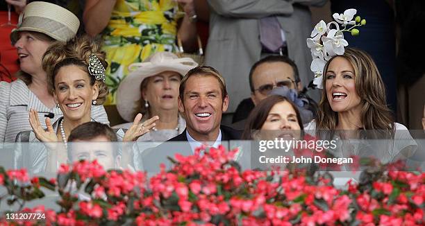 Sarah Jessica Parker, Shane Warne and Elizabeth Hurley attend the Crown box during Crown Oaks Day at Flemington Racecourse on November 3, 2011 in...