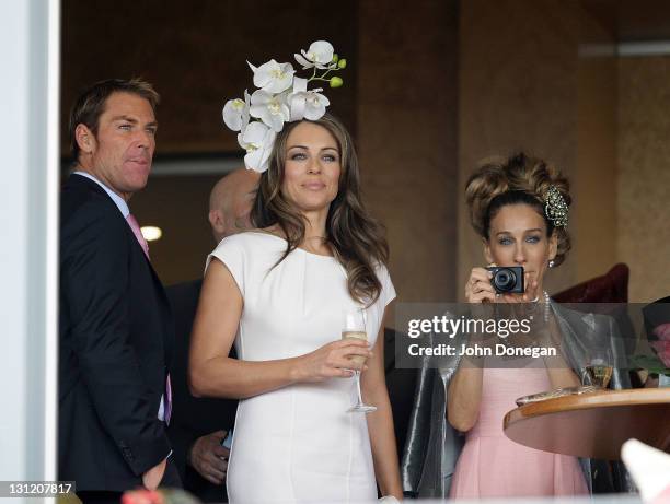 Shane Warne, Elizabeth Hurley and Sarah Jessica Parker attend the Crown box during Crown Oaks Day at Flemington Racecourse on November 3, 2011 in...