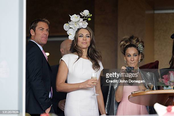 Shane Warne, Elizabeth Hurley and Sarah Jessica Parker attend the Crown box during Crown Oaks Day at Flemington Racecourse on November 3, 2011 in...