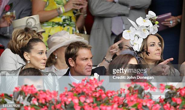 Sarah Jessica Parker, Shane Warne and Elizabeth Hurley attend the Crown box during Crown Oaks Day at Flemington Racecourse on November 3, 2011 in...