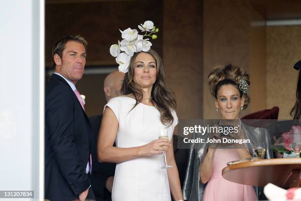 Shane Warne, Elizabeth Hurley and Sarah Jessica Parker attend the Crown box during Crown Oaks Day at Flemington Racecourse on November 3, 2011 in...